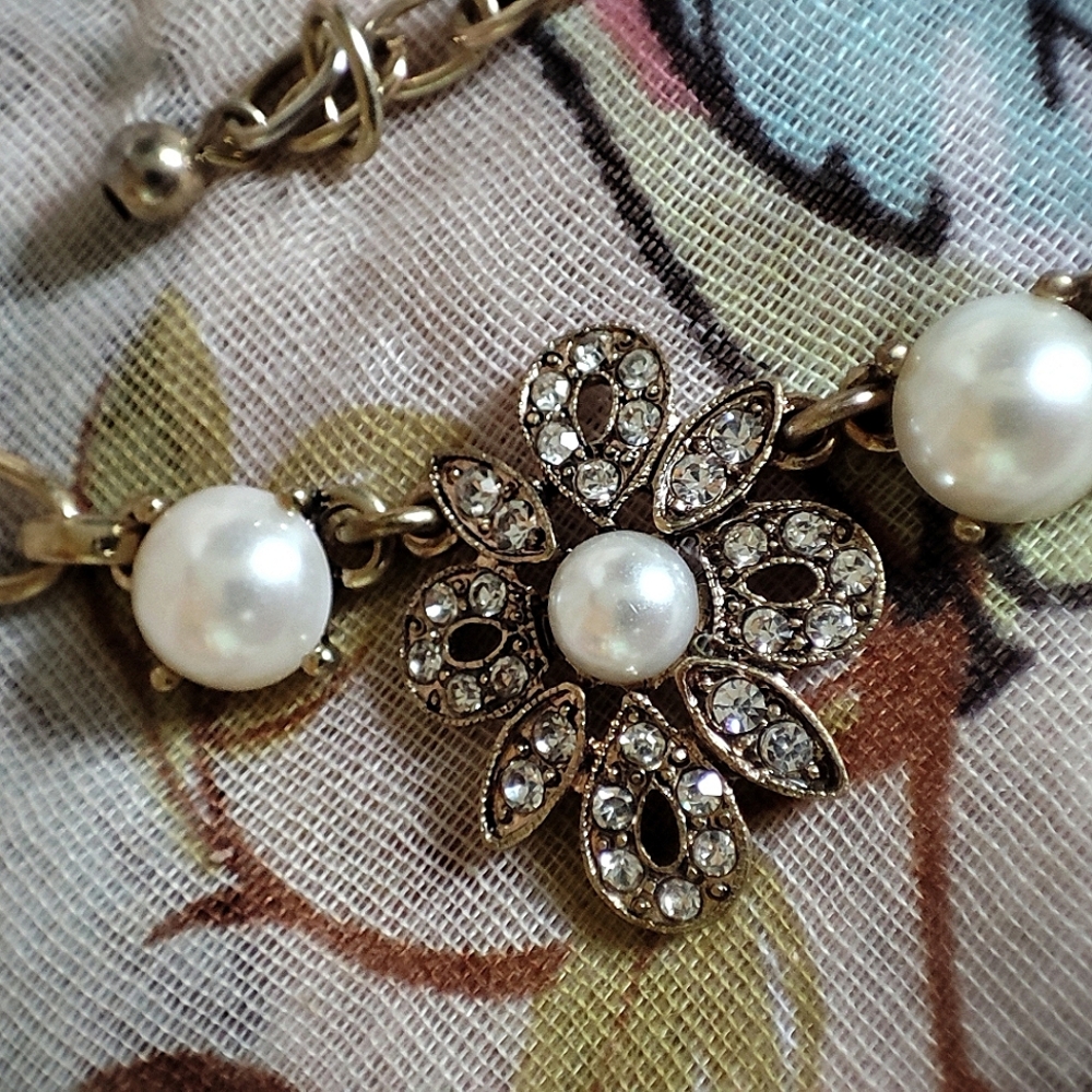 Light Gold Tone Faux Flat Back Pearl Rhinestone Bride Bridal Wedding Necklace - Picture 8 of 9